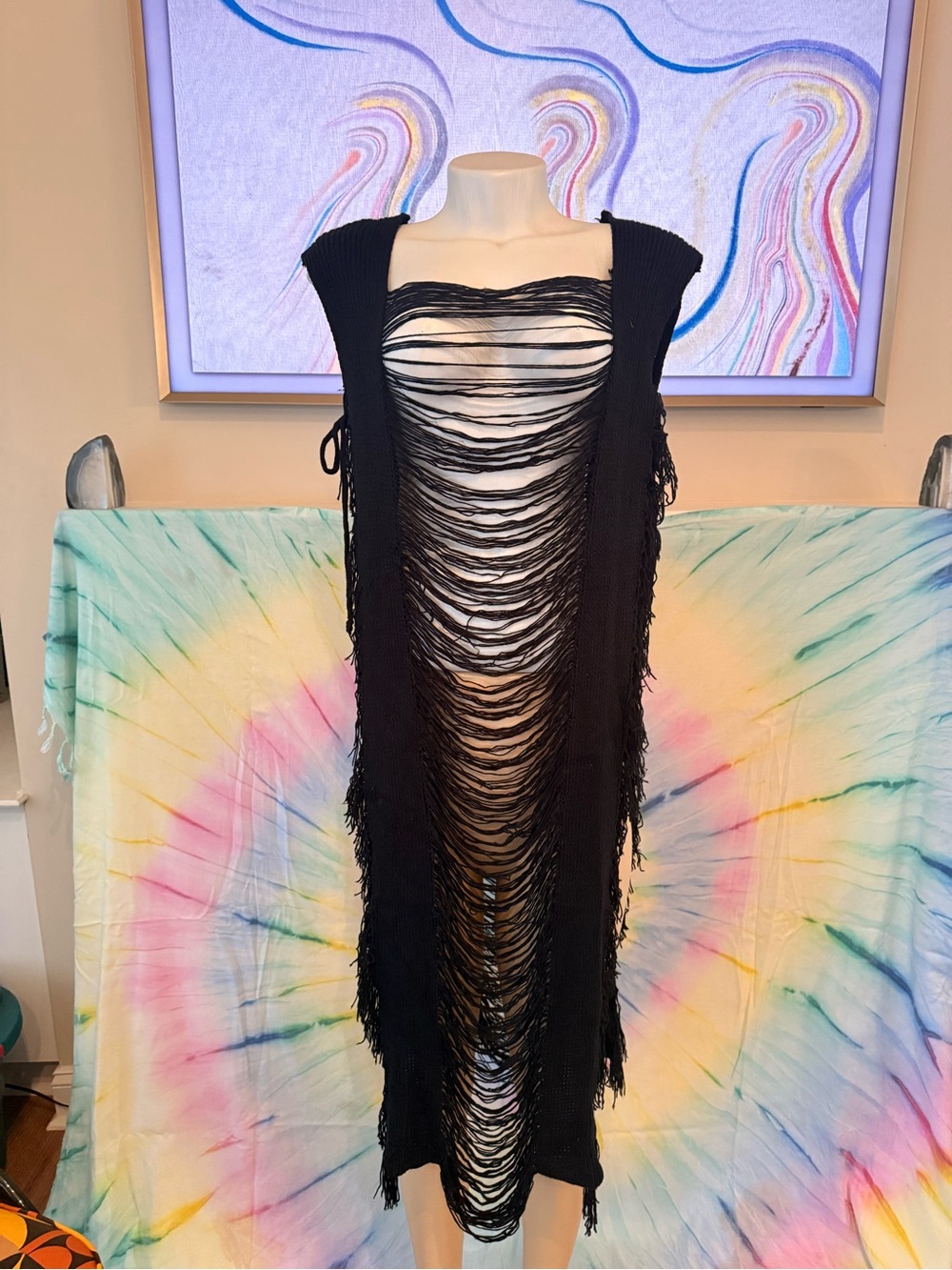 Black Distressed Fringe Knit Maxi Dress